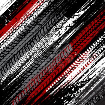 Car tires dirty traces grunge background. Vehicle wheel rubber treads, motorbike protector black, white and red marks, truck protector treads vector graphic texture. Motorsport or transport background