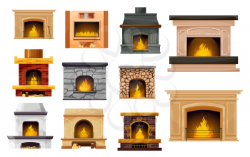 Fireplace with fire isolated vector icons of home and room interior design. Cartoon brick and stone fireplaces with wood burning, electric and gas powered stoves, metal grates, rakes and wood logs