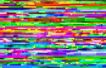 Abstract background with glitch effect, vector distorted glitch effect, no signal TV frame. Distortion, glitched colored horizontal stripes and random pixels on television set or video camera screen.