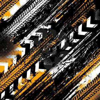 Offroad grunge tyre prints, vector background with grungy abstract pattern. Rally, motocross dirty tires print, off road grungy trails texture for automobile service or racing tournament design,