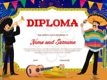 School education diploma vector template with cartoon cinco de mayo mariachi mexican musicians in sombrero playing maracas and trumpet, flag garlands, guitar and fireworks. School certificate or frame