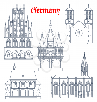 Germany landmark buildings and cathedrals icons, vector German travel and famous architecture, vector. Rathaus in Munster Westphalia, St Lambert catholic church, Sankt Paulus Dom and wooden chapel