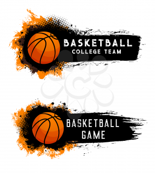 Basketball ball, team game, streetball sport club, vector banners and college or varsity emblems. Basketball college team championship and tournament orange ball with action halftone splash