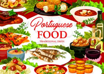 Portuguese food vector stuffed squid, cod soup and pasteigi, fish croquettes, sardines, pasteh cakes and piri riri chicken. Portugal meals jinia cherry liquor, stewed chicken in wine, beef stew poster