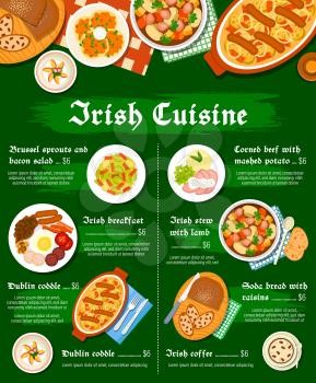 Irish food cuisine menu, breakfast dishes meals, Ireland restaurant vector traditional lunch. Irish cuisine food menu peach pudding dessert, lamb stew and potato pancakes borty with soda bread