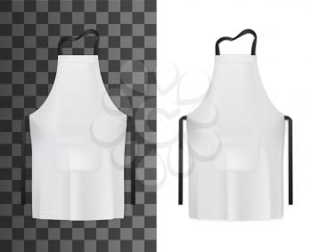 White apron of chef or cook 3d vector mockups. Kitchen or bakery staff uniform realistic templates of bib or pinafore aprons with black strings, restaurant, cafe and barbecue party garment design