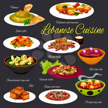 Lebanese vegetable soups with meat dishes vector design of arab cuisine. Tomato salad with croutons, hummus and lamb meatballs, bean stew, zucchini stuffed with beef and rice, turmeric cake sfouf