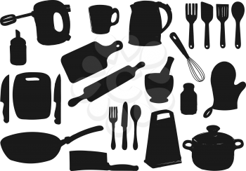 Kitchenware, kitchen utensil isolated black silhouettes. Vector cutlery and kitchen appliance, cooking pots and knives, spatula and cutting board. Electric kettle and mixer, grater and glove, pan