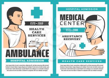 Ambulance, medical health care service. Vector hospital admission, assistance recovery, bandaging, first aids at traumas. Emergency wards, facial, arm, fingers and chest bandages, traumatology