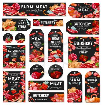 Butchery shop tags and labels. Vector meat, sausages and poultry products, beef, pork and lamb. Cutlery and farm meat, vegetables and greens, turkey and jamon, brisket and mutton ribs