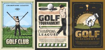Vector golf course, golfer in uniform doing swing on fileld, club-and-ball sport. Golf sport club and academy, retro poster. Player on course, crossed sticks, hand in glove put ball on grass