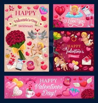 Happy Valentines day and I love you greeting wish in with heart balloons and pink roses. Vector Valentine cupid angel with golden harp and arrows, kiss lips and heart on wings with love message