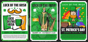 Saint Patrick, Irish flag and leprechaun vector posters, religion holiday of Ireland. Shamrock clover green leaves with beer, pot of gold coins, celtic elf and orange beard