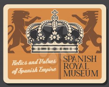 Spanish museum, relics and values of Spain empire. Vector victorian emblem with lion, heraldic style kings crown with gemstones. Coat of arms of Spain, vintage lion animal silhouettes