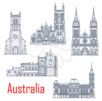 Australian isolated vector landmarks. Vector St. Peter Cathedral, Melbourne town hall, Old Parliament Adelaide, St. Francis Xavier Cathedral. Holy Trinity church Adelaide