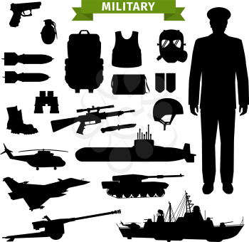 Military ammunition, transport, gun and officer isolated black silhouettes. Vector gun and rifle, armour and backpack, submarine and warship, airplane and helicopter, tank and drone, helmet and boots