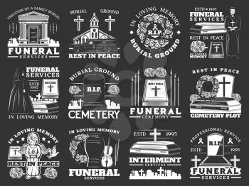 Funeral, burial and interment service, isolated monochrome icons. Vector burial ground ceremony, rest in peace, cemetery, remation urns and columbarium, crosses and tombs, graveyard and burial icon