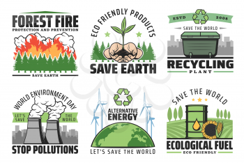 Ecological problems, environment and save earth vector icons. Forest protection and fire prevention, friendly products, recycling plants, environment day, stop pollution, alternative energy sources