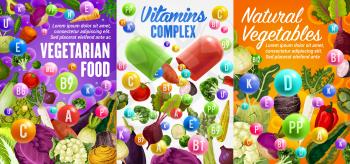 Vegetarian food, vitamins complex and natural vegetables. Vector capsules with D, B, E, C multivitamins, healthy veggies. Beetroot and cabbage, cauliflower and carrot, tomato, broccoli and eggplant