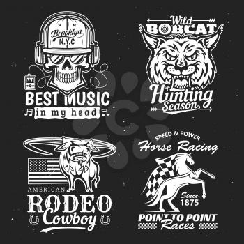 T-shirt prints. Vector isolated skull in headphones, wild bobcat, american rodeo cowboy and horse racing. Mmusic records, hunting club, american horned bull and mustang on races