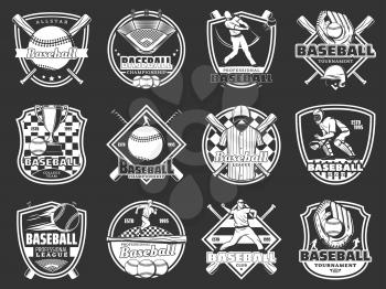 Baseball sport. Vector isolated icons of bat and ball game, quarterback player and trophy cup, field and stadium, glove, sportsman uniform and playing equipment