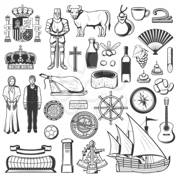 Symbols of Spain food, heraldry, culture, sport and religion, history and traditions. Vector Spanish people in national cloth, wine and corrida bullfighting, jamon and food, sextant, ship and compass