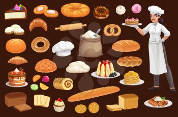 Baker with bread, pastry food. Cartoon vector baguette, croissant, wheat and rye loaves, cake, donut and bagel, cupcake, cookie and toast, sweet bun, pancake and pie, gingerbread, flour and baker hat