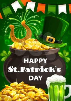 Leprechaun gold cauldron, Patricks day, Irish traditional holiday celebration. Vector Patrick days greeting, leprechaun hat on gold coins cauldron, green ale beer mug and Ireland flag, shamrock clover