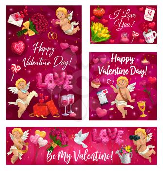 Valentines day cupids, lettering. Vector symbols of love, cupid angel, luxury flower bouquets and air balloons. Doves and open box with hearts, wine glasses, raspberry and golden ring