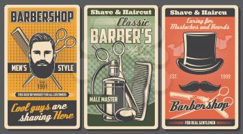 Barbershop salon, shaving, cutting and trimming service. Vector bearded man portrait, crossed brush and scissors, retro cologne perfumes. Shave and haircut, vintage hat and mustaches, men styling shop
