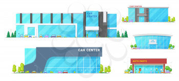 Car trade centers and showroom buildings. Vector vehicle showrooms, car dealer centers and spare parts store. Exteriors design with trees and parking zone