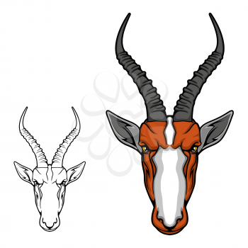 Impala antelope or gazelle animal head, african safari, hunting sport and hunter club mascot design. Savannah mammal head isolated icon with ridged twisted horns, brown muzzle and white snout