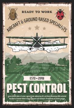 Pest control, agricultural field retro crop duster biplane. Vector aircraft and ground based specialists on bugs, airplane spraying pesticides and herbicides on plants. Farming and insects controlling