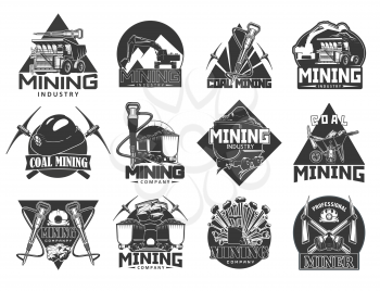 Coal mining industry, isolated vector monochrome icons. Miners equipment, coal extraction, work tools, wheelbarrow and crossed picks, carriage trolley with coal, helmet with light