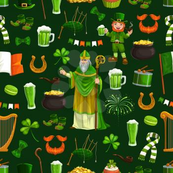 Patricks day seamless vector pattern, Irish holiday Saint Patrick with stick, green shamrock clover, leprechaun drinking beer, smoking pipe, Ireland flag. Bagpipe and harp, beer and snacks, horseshoe