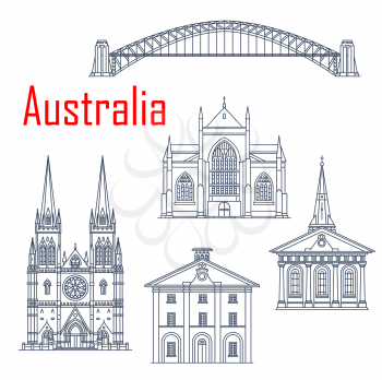 Australian Harbour bridge, St Mary and Saint James Church, St. Andrews cathedral, Hyde park barracks. Sydney sightseeing, museums and churches. Isolated outline buildings