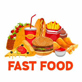 Fast food menu template, takeaway food and drinks. Vector hamburger and cheeseburger, pizza and chicken legs, hot dog and french fries. Cupcake and burritos, ketchup sauce and soda or cola with straw