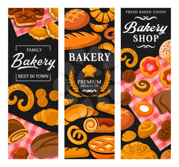 Baker shop, tasty pastry, patisserie, dessers and sweets. Vector banners of confectionery, croissants and cupcakes, pretzels and pies, baked biscuits and rolls, toque chef hat, wheat ears