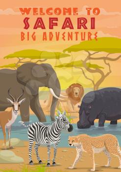 African animals of safari tour, hunting sport and outdoor adventure. Vector elephant, zebra, lion and antelope, hippo, cheetah or leopard, wild mammal animals of savannah predators and herbivores