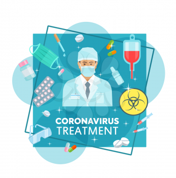 Coronavirus treatments and protection. Doctor in protective mask, drugs and pills, 14 days quarantine after infection, antibiotics and blood transfusion methods. Vector poster