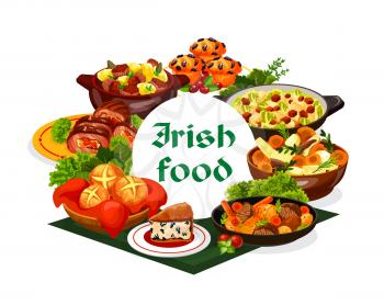 Irish cuisine food with vegetable meat stews and bread vector design. Mashed potato and cabbage colcannon, soda and raisins bread, baked beef rolls, lamb stew and lingonberry cupcakes, Ireland meal