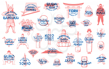 Japan travel, food, culture, sport vector icons with letterings. Sketches of Japanese sushi, fuji mountain, bonsai and fan, origami, tea ceremony and dragon, Buddha, geisha kimono, sumo and pagoda
