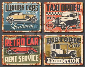 Retro car and vintage auto rusty metal signs. Vector old vehicles rental and taxi service, antique automobiles museum exhibition and showroom with classic models of cabriolet, minivan and limousine