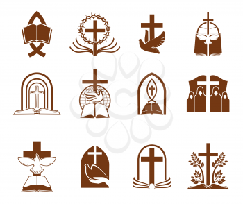 Christian religion vector icons with crosses, bibles and doves of God. Jesus Christ crucifix, prayer or priest, holy book, tree of life, thorn wreath and ichthys fish brown symbols of Christianity