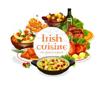 Irish cuisine meat and fish dishes with vegetables, vector food. Irish stew, baked beef rolls and rabbit, potato pancakes and red cabbage salad with grilled salmon and colcannon with spices and herbs