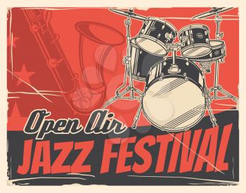 Jazz music festival or concert vector poster with musical instruments. Saxophone and drum set invitation design of music event, open air party, jazz club live music show or blues fest