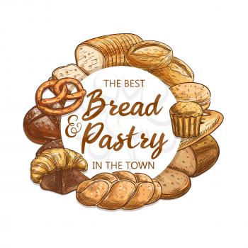 Bread and pastry, vector food of bakery and pastry shop. Wheat baguette, croissant and cereal bread loaves, sandwich toasts, burger bun and cupcake or muffin, German pretzel and Jewish challah