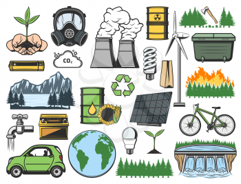Ecology and environment vector icons. Eco green energy, water, nature tree and plant, recycle symbol, Earth globe and electric car, light bulbs, trash bin and garbage, solar panel, battery and bicycle