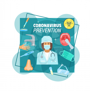 Coronavirus epidemic prevention vector poster. Doctor in mask, temperature check, protecting clothing and safety glasses, hands hygiene, tests and analyzes