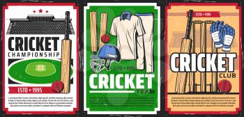 Cricket sport game equipment and stadium. Vector cricket balls, bats and wickets, player uniform, gloves and helmet with green ground and tribunes retro posters of sport club and championship match